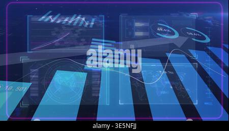 Displaying holographic dashboard projecting layered panels in dark console, with line chart and map Stock Photo