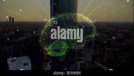 Projecting neon brain hologram floating before cylinder tower over dusk city skyline linking nodes Stock Photo