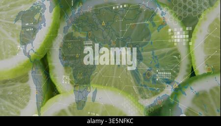 Displaying overlapping lime slices glowing in studio macro, with world map overlay and hex grid Stock Photo