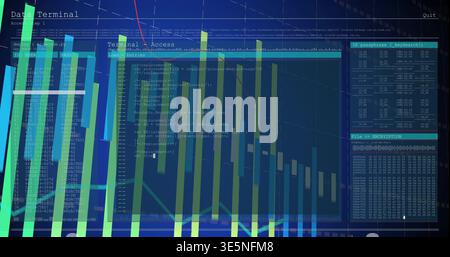 Displaying data terminal interface at center, showing panel with bar chart, console encryption Stock Photo