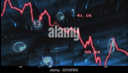 Displaying red jagged falling line chart on digital dashboard, with numeric labels, HUD, globe Stock Photo