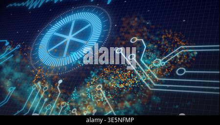 Animating blue radial HUD casting spokes over grid with traces, particle clouds, waveform Stock Photo