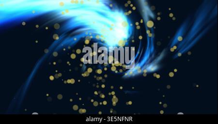 Swirling central turquoise vortex curling into navy void, with cyan trails and golden particles Stock Photo