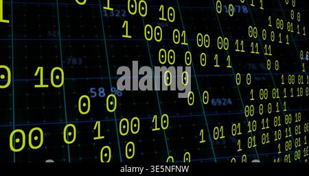 Glowing yellow-green binary digits flowing across central tilted teal-blue grid plane, showing 58% Stock Photo