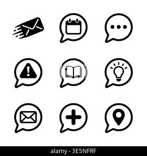 Collection of simple black line icons in speech bubbles Stock Vector