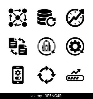 Set of nine black glyph data and processing icons Stock Vector