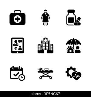 Black Silhouette Medical and Healthcare Icon Set Isolated on White Stock Vector