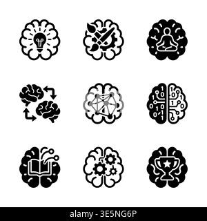 Brain icons set representing different thinking processes in simple style Stock Vector