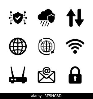 Black silhouette internet security and connection vector icon set Stock Vector