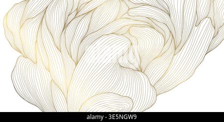 Luxury abstract gold floral line pattern on white background, elegant leaves, flowers, flowing abstract waves. Modern vector illustration, Japanese Stock Vector