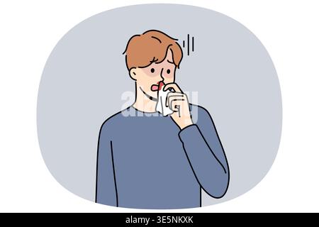 Blood from nose in sick man suffering from intracranial pressure or dangerous virus that reduces stability of vessels. Blood from nose causes stress and discomfort in guy holding nasal tissue Stock Vector