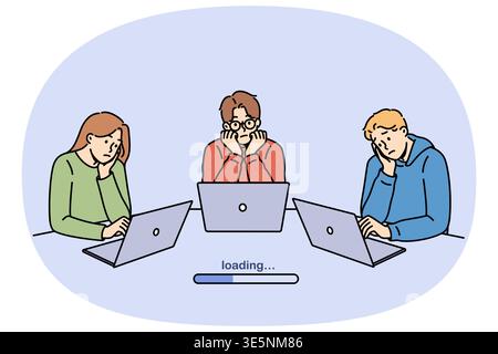 Poor internet speed frustrates students using laptops and waiting for educational apps to load. Slow internet speed reduces team productivity, idle due to software or website freezes Stock Vector