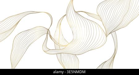 Luxury abstract gold floral line pattern on white background, elegant leaves, flowers, flowing abstract waves. Modern vector illustration, Japanese Stock Vector
