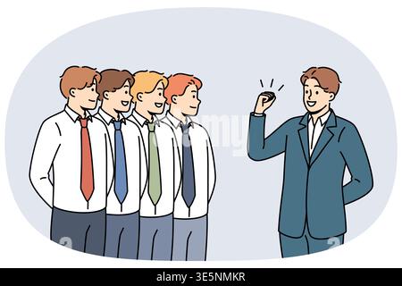 Business man leader gives motivational speech to team of office clerks standing in row. Manager with leadership qualities conducts motivational training for colleagues to increase productivity Stock Vector