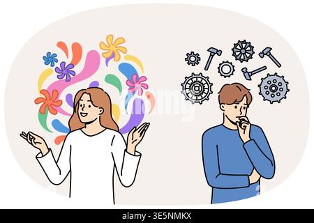 Pragmatic and creative thinking between two people using different ways of solving problems. Difference between man and woman thinking, for example guy with mechanism and girl with flowers above heads Stock Vector