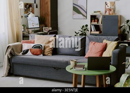 Home Office Living Room Setup Supporting Remote Work Productivity Stock Photo