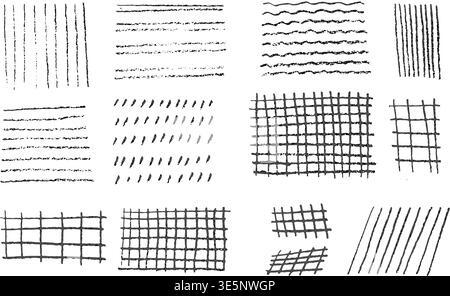 Crayon-textured checkered background with doodle stripes. Childish notebook design featuring pencil-drawn grid on textured surface, perfect for school Stock Vector