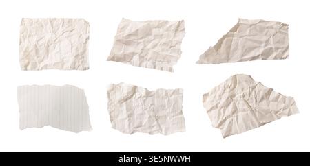 Torn paper pieces with rough ripped edges and irregular shapes. Blank textured scraps isolated on white background, for notes, labels, scrapbook desig Stock Photo