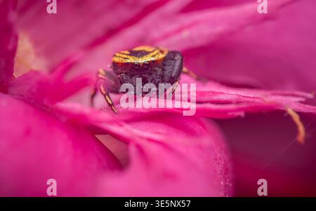 Jumping spider with yellow stripes finding refuge on a bright pink flower, showcasing nature's intricate details and vivid colors. Thailand photograph Stock Photo