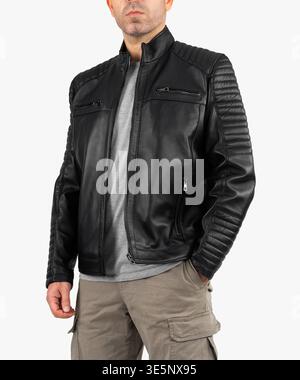 Man Wearing Black Leather Jacket, Casual Stylish Outfit Isolated on White Background. High quality photo Stock Photo