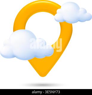 3D yellow Location Pin with Clouds Icon Stock Vector