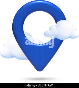 3D Blue Location Pin with Clouds Icon Stock Vector