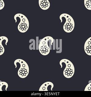 Hand drawn black and cream intricate Paisley silhouette seamless pattern on dark background Stock Vector