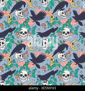 Seamless pattern with hand drawn inky ravens or crows sitting on human skulls Stock Vector