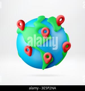 3D globe with red location pins Stock Vector