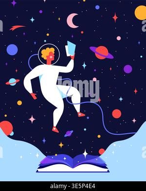 Magic space book astronaut reading concept Stock Vector