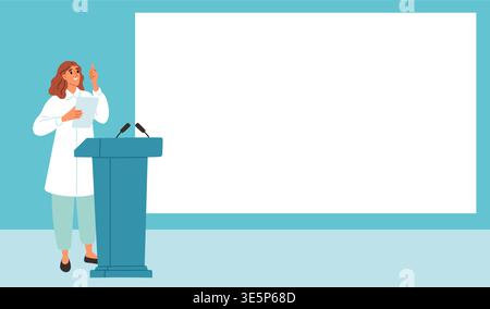 Young woman in white coat performs on stage against backdrop of clean white sheet. Doctor at conference tribune. Medical presentation screen. Public Stock Vector