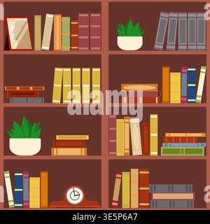 Wooden bookcase with shelves holding books. Bookshelves seamless pattern. Potted indoor plants and antique clock. Library furniture. Home interior Stock Vector