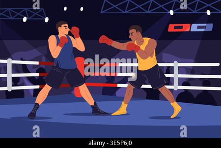 Two boxers fighting each other in boxing ring. Athletic tournament. Kickboxers championship. Professional fighters. Uppercut beat. Kickboxing sparring Stock Vector