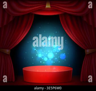 Realistic red catwalk framed by red theater curtains with glitter and light reflections. Display podium. Product presentation advertising template Stock Vector