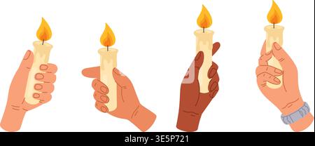 Multicolored hands hold burning wax candle. Mourning burial ceremony in church. Paraffin stick with lit wick. Memory candlestick fire. Candlelight Stock Vector