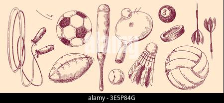 Sport doodle collection with vintage hand drawn icons. Sketch set of soccer ball and tennis racket, baseball bat, rope and various athletic equipment in retro line art style on beige background. Stock Vector