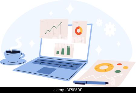 Laptop with growth charts or pie graphs. Data analysis. Investment financial reports. Office workplace. Computer screen and keyboard. Project document Stock Vector