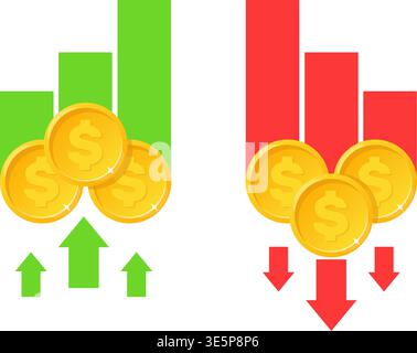 Gold coins with arrows and graphs pointing up or down. Financial growth. Market decline. Crisis and recession. Statistics chart. Finance success Stock Vector