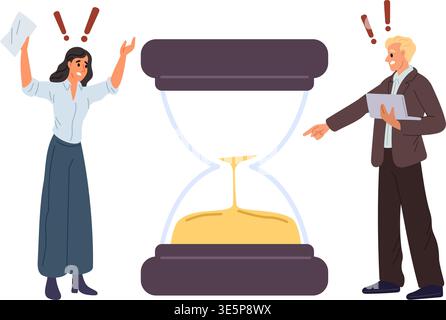 Frustrated man and woman watch sand running out in hourglass. Project deadline being missed. Inability to manage time. Minutes countdown. Agenda limit Stock Vector