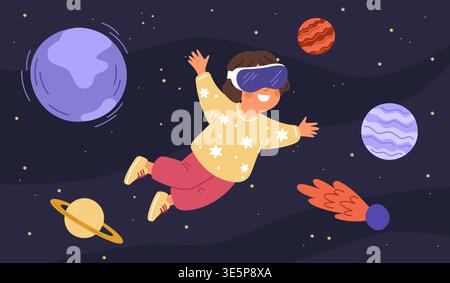 Girl wearing virtual reality glasses flies through space among planets. Stars and comets. People using technology for learning and entertainment. VR Stock Vector