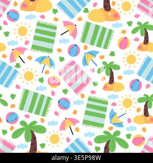 Cartoon beach accessories seamless pattern. Sea travel. Inflatable ball. Towel mat on coast sand. Sunbathing parasol. Seashells and summer sun Stock Vector