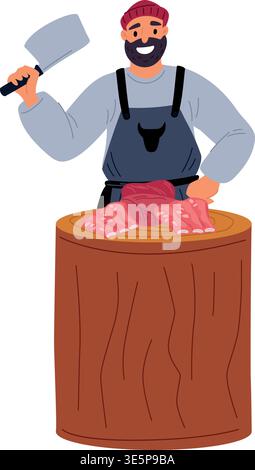 Butcher cuts pieces of fresh meat with knife on wooden table. Man in apron with knife. Butchery worker chopping tenderloin and sirloin. Uncooked Stock Vector