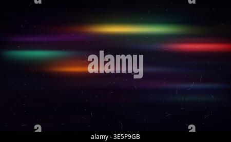Abstract film light gradient overlay background with neon rainbow light streaks and subtle vintage dust grain texture Stock Vector