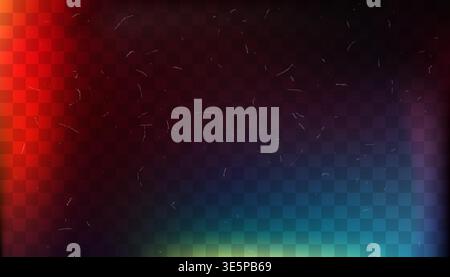 Cinematic film light leak gradient overlay with red glow and cyan blue light on transparent background with vintage dust and grain texture Stock Vector
