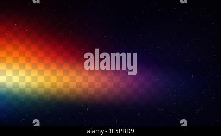 Rainbow film light leak gradient overlay with red orange yellow and purple glow on dark background with vintage analog dust grain and cinematic light Stock Vector