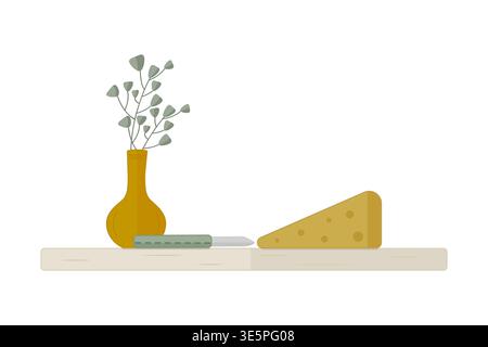 Cheese wedge, knife and vase with eucalyptus on board.Cozy kitchen still life, slow living,morning ritual,home comfort or sustainable lifestyle.Vector Stock Vector