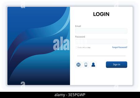 Professional split screen login interface featuring abstract blue wave design on one side and a clean authentication form on the other. Includes email Stock Vector
