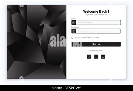Stylish login interface featuring a dark polygonal geometric background paired with a clean authentication form. Includes email and password fields, a Stock Vector