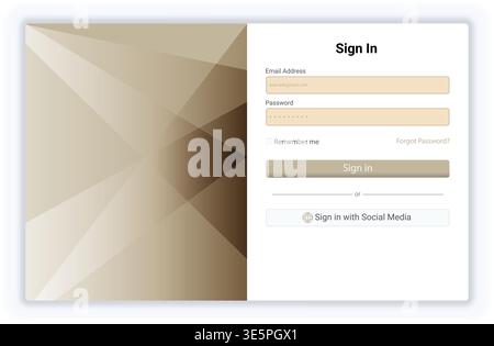 Elegant login interface with a split layout combining a geometric beige background and a minimal authentication form. Features email input, password f Stock Vector