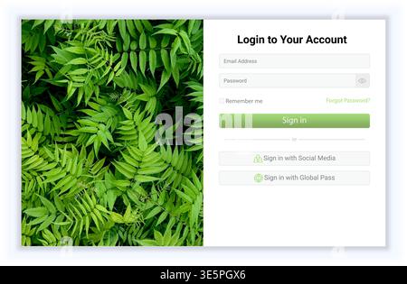 Modern split layout login interface with vibrant green leaves background and clean sign-in form. Features email and password input, social login optio Stock Vector